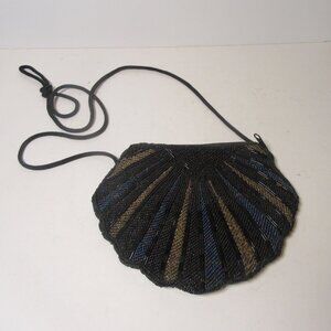 Vintage Beaded Scallop Edged Clam Shell Evening Bag with Cord Strap Satin lining